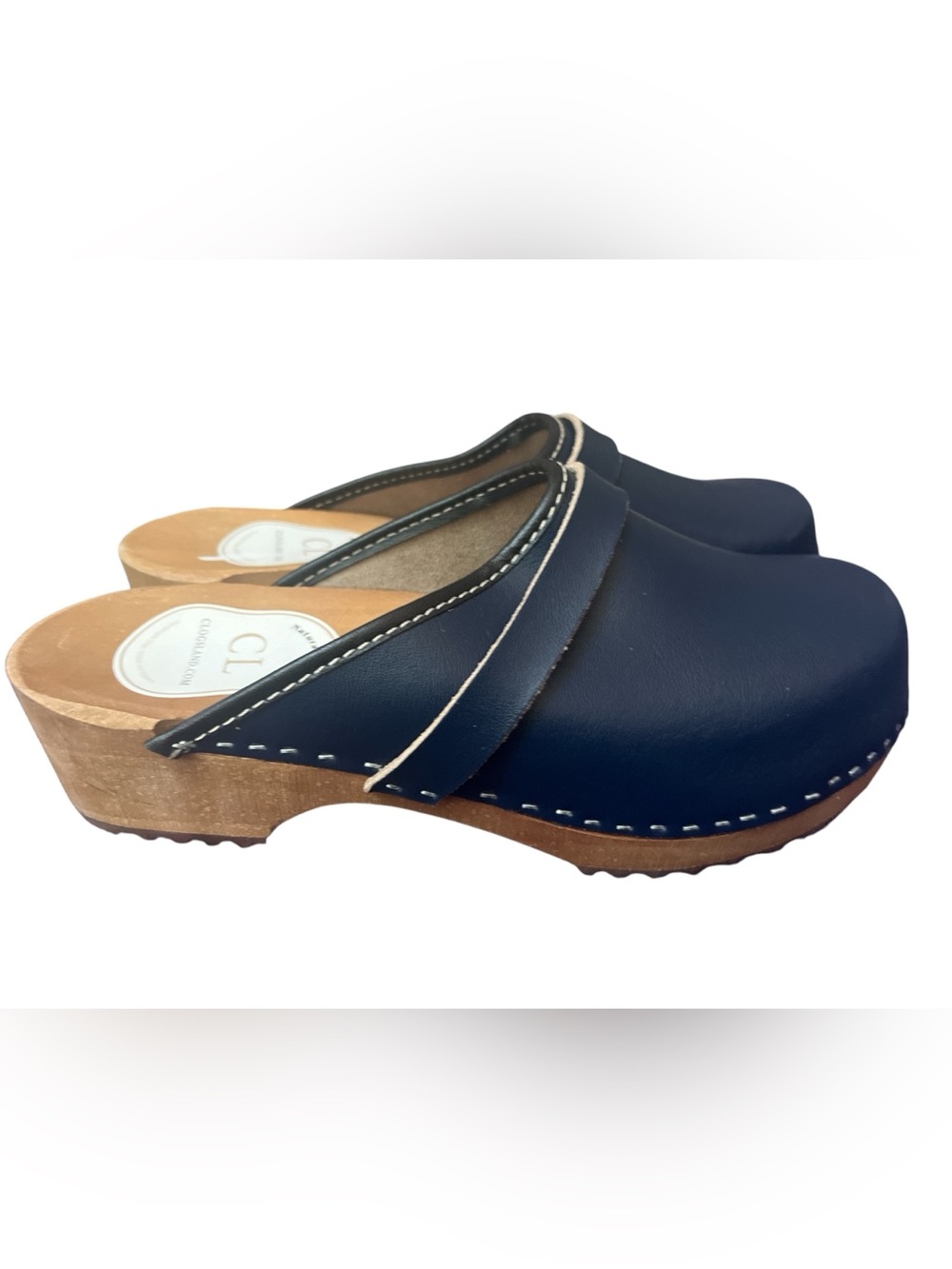 Clogs Land Natural Leather Wood Base Clogs Navy Size 40 US 9 Scandinavian NWOT